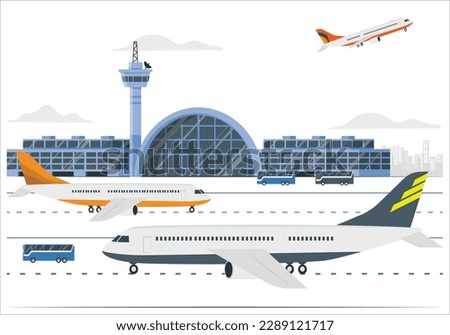 Airport Terminal building and airplanes on runway, city landscape on background, vector illustration. Airport Terminal building with aircraft taking off. Vector airport landscape.
