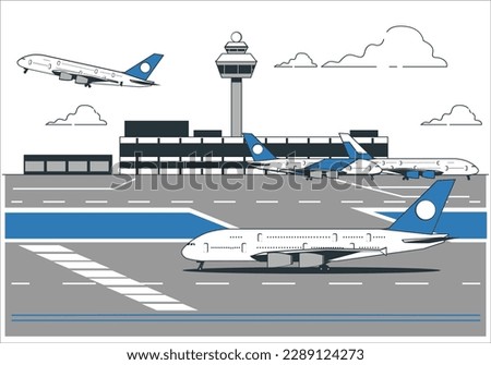 Plane before takeoff. Airport control tower, jetway, terminal building and parking area. Cityscape. Sky with clouds. Vector illustration. Airport transport system picture. Plane taking off.