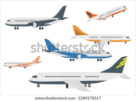 Passenger and cargo airplane isolated vector illustration. Airplane side view illustration. Modern types of airplane. Set of aircraft icon. Realistic aircraft. Passenger airplane in different views.