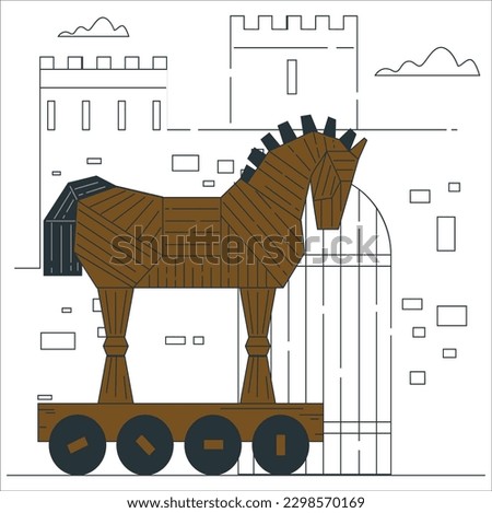 Wooden Horse, Trojan horse view. After the filming of the movie Troy,The wooden horse that was used as a prop was donated to the city. Trojan horse pop art retro vector