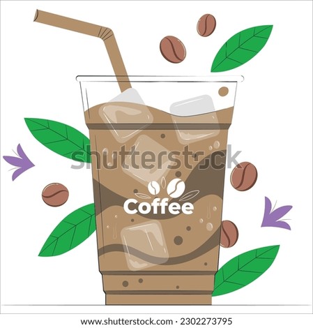 Ice coffee in a tall glass with cream poured over, ice cubes and beans on a old rustic wooden table. Cold summer drink with tubes on a white background. Iced coffee in disposable to go cup coffee