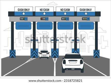 Toll Plaza.Checkpoint on the toll road with barrier and booth. Payment area with transport. Car back and front view. Vector illustration. Pay Road Toll Card Poster Highway Traffic Transport Concept