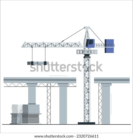 Bridge construction illustration. Construction city bridge blocks, cargo crane under clouds, adjustable support columns, concept industrial engineering. Vector background style.

