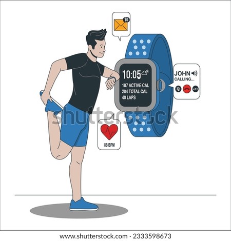 Modern smartwatches with fitness tracker app on screen showing burned calories, running time and steps count. Running man with smart watch. The technology to check health while exercising. 2088