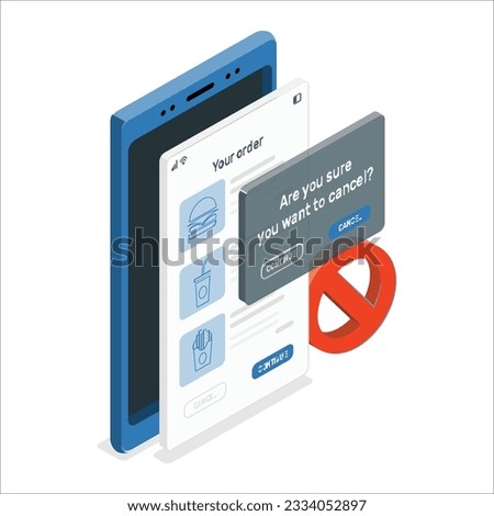 3d smartphone icon with continue and cancel order button. Render mobile with cross. The concept of cancel order the app. process cancel concept flat design illustration, girl cancel the process. 2110