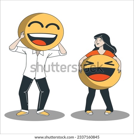 Man and woman holding a cardboard smiley face emotion in front of his head. funky man and woman dressed t-shirt holding smiley. man hiding his face being yellow smiley balloon. 2142