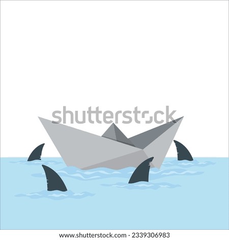 A paper boat surrounded by sharks on the high seas. The concept of audacity and weakness on a turbulent sea surrounded by competition. paper boat and shark in the blue sea background vector 2192
