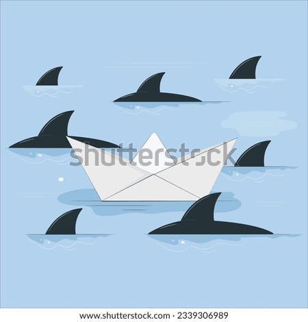 A paper boat surrounded by sharks on the high seas. The concept of audacity and weakness on a turbulent sea surrounded by competition. paper boat and shark in the blue sea background vector 2195