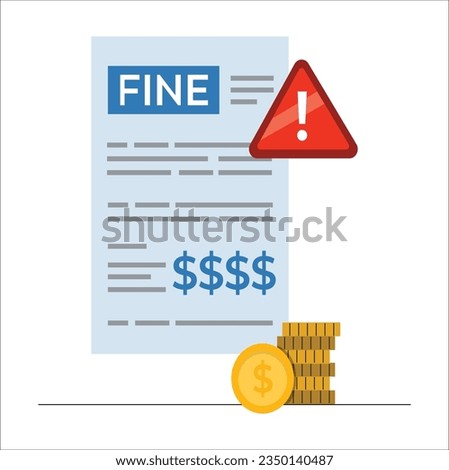 Fine penalty unpaid pay law debt icon charge or payment punishment mulct fee receipt invoice urgent due notice flat cartoon illustration, bill repay tax ticket, judicial recovery legal request. 2340