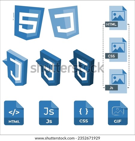 HTML5 CSS3 JS icon set. Web development logo icon set of html, css and javascript, programming symbol. html5 icon, css3, javascript and xml technologies, isolated web site development icon set. 2363