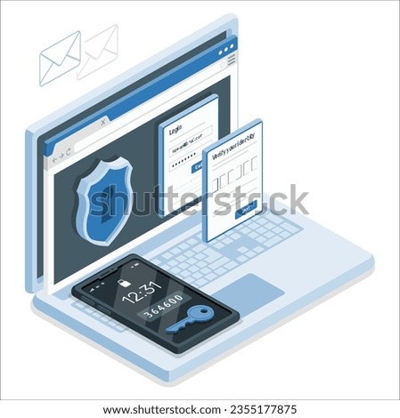 Dual authentication concept. Modern methods of protecting personal data, authorization and verification of users identity. Password, padlock and key near laptop. 2fa authentication password. 2391