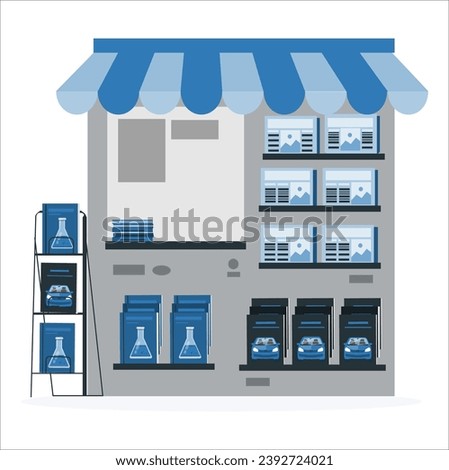 People buying newspapers and magazines at newsstand. Man standing at kiosk with press. Woman reading news on smartphone. Colored flat vector illustration. 2483