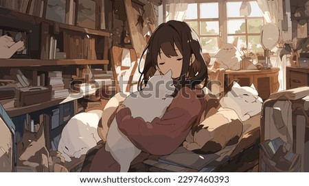 a girl sitting in her room, surrounded by books, with a cat sleeping on her lap in the Ghibli style with soft and warm colors