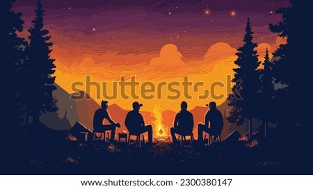 a group of friends sitting around a campfire in the woods with the trees towering above them
