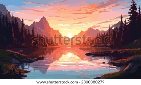 A realistic photograph of a serene lake nestled in a valley with the mountains rising majestically in the background and the sun setting behind them