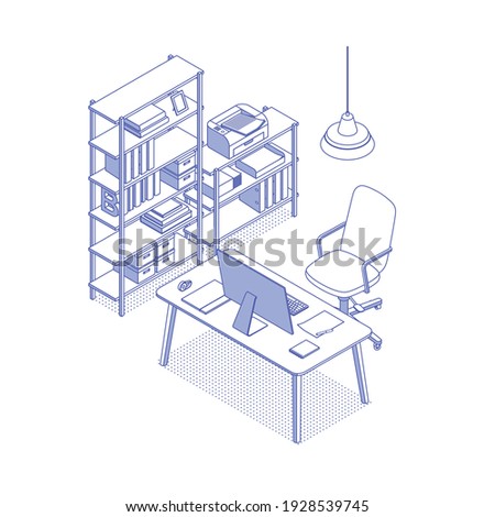 Blue isometric home office on white. Vector illustration in flat design, isolated. Outlined, linear style.
