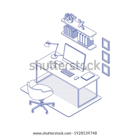 Blue isometric home office on white. Vector illustration in flat design, isolated. Outlined, linear style. 