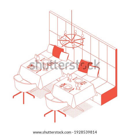 Modern isometric red restaurant, cafe. Vector illustration in flat design, isolated. Outlined, linear style. 