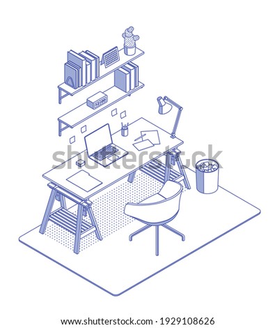 Blue isometric home office on white. Vector illustration in flat design, isolated. Outlined, linear style. 