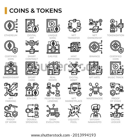Non-fungible tokens and cryptocurrency icon set for cryptocurrency topics, education website, presentation, book.