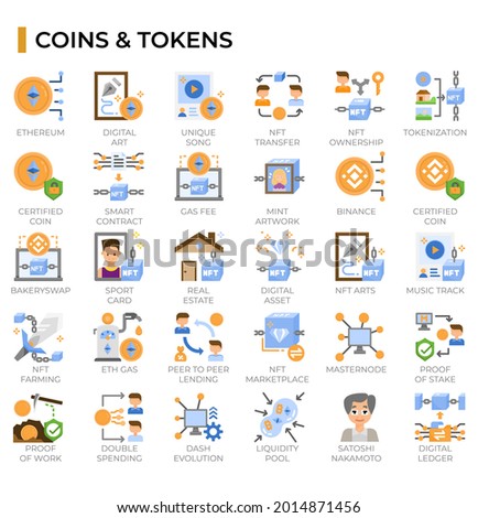 Non-fungible tokens and cryptocurrency icon set for cryptocurrency topics, education website, presentation, book.
