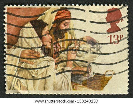 UK-CIRCA 1984:A stamp printed in UK shows image of The Christmas is an annual commemoration of the birth of Jesus Christ and a widely observed holiday,celebrated generally on December 25, circa 1984.