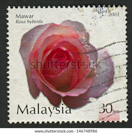 MALAYSIA - CIRCA 2003: A stamp printed in Malaysia shows image of the Mawar Rosa hybrida, circa 2003.