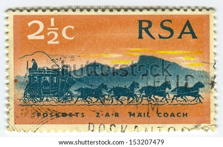 RSA - CIRCA 1986: A stamp printed in RSA shows image of  the mail coach or post coach was a horse-drawn carriage that carried mail deliveries, circa 1986.