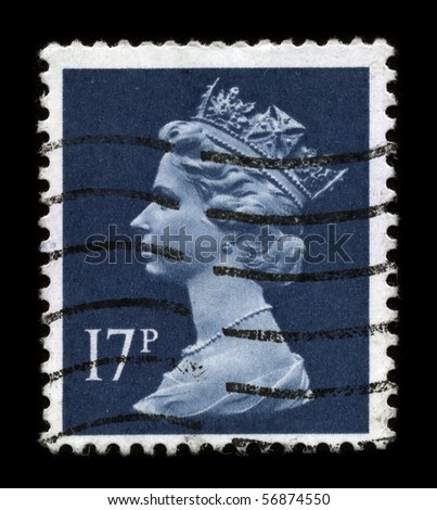 UNITED KINGDOM - CIRCA 1989: An English Used First Class Postage Stamp showing Portrait of Queen Elizabeth in dark blue circa 1989.