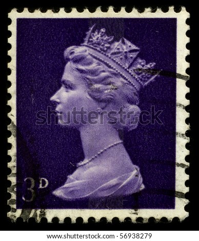 UNITED KINGDOM - CIRCA 1973: An English Used First Class Postage Stamp showing Portrait of Queen Elizabeth in deep lilac circa 1973.