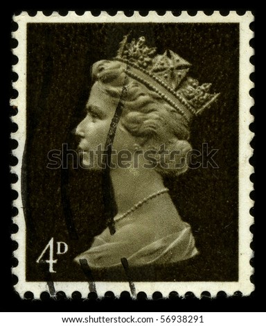 UNITED KINGDOM - CIRCA 1971: An English Used First Class Postage Stamp showing Portrait of Queen Elizabeth in dark gold circa 1971.