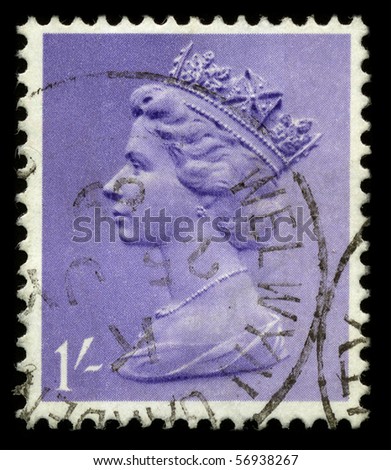 UNITED KINGDOM - CIRCA 1969: An English Used First Class Postage Stamp showing Portrait of Queen Elizabeth in lilac circa 1969.