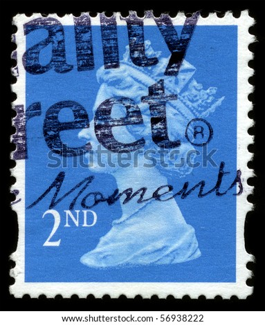 UNITED KINGDOM - CIRCA 1973: An English Used First Class Postage Stamp showing Portrait of Queen Elizabeth in blue circa 1973.