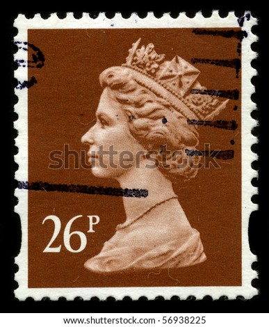 UNITED KINGDOM - CIRCA 1973: An English Used First Class Postage Stamp showing Portrait of Queen Elizabeth in dark orange circa 1973.