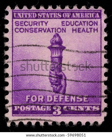 USA - CIRCA 1930: A stamp printed in USA shows image of the dedicated to the Security Education Conservation Health circa 1930.