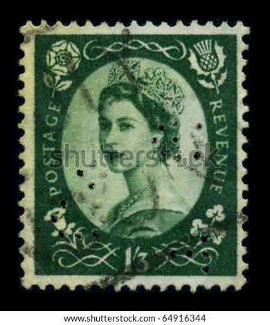 UNITED KINGDOM - CIRCA 1960: An English Used First Class Postage Stamp showing Portrait of Queen Elizabeth in green, circa 1960.