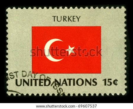 UNITED NATIONS-CIRCA 1980: A stamp printed in UNITED NATIONS shows image of The flag of Turkey) is a red flag with a white crescent moon and a star in its center circa 1980
