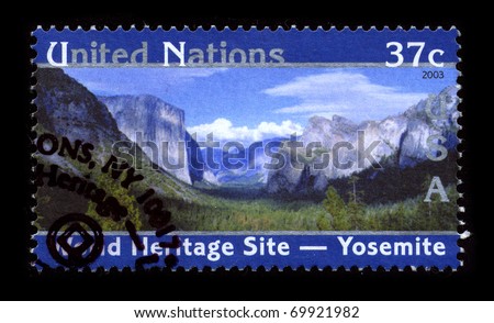 UNITED NATIONS-CIRCA 2003: A stamp printed in United Nations shows image of the Yosemite National Park is a United States National Park spanning eastern portions of Tuolumne, Mariposa,  circa 200