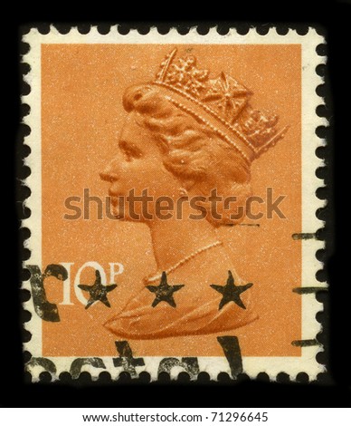 UNITED KINGDOM - CIRCA 1996: An English Used First Class Postage Stamp printed in United Kingdom showing Portrait of Queen Elizabeth in orange, circa 1996.