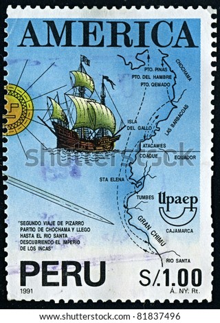 PERU-CIRCA 1991:A stamp printed in PERU shows image of Americas, or America, are lands in the Western hemisphere, also known as the New World, circa 1991.