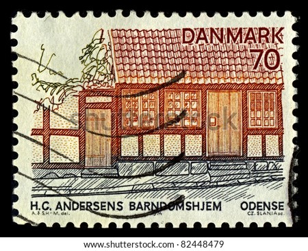 DENMARK-CIRCA 1974:A stamp printed in DENMARK shows image of House Hans Christian Andersen,  was a Danish author, fairy tale writer, poet, circa 1974.