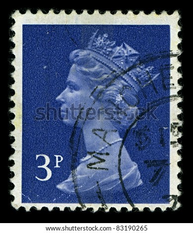 ENGLAND-CIRCA 1971: A stamp printed in England shows image of Elizabeth II (Elizabeth Alexandra Mary, born 21 April 1926) is the constitutional monarch of United Kingdom in blue, circa 1971.