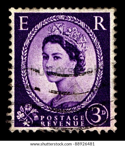 UK-CIRCA 1952:A stamp printed in United Kingdom shows image of Elizabeth II (Elizabeth Alexandra Mary) is the constitutional monarch of United Kingdom in violet, circa 1952.