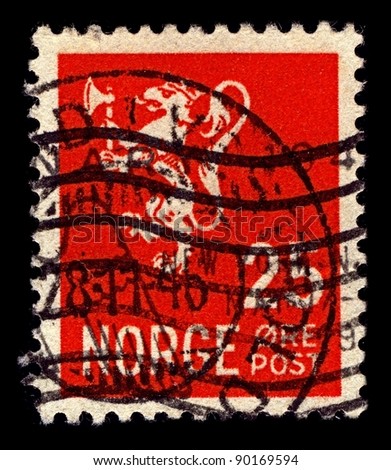 NORWAY-CIRCA 1923:A stamp printed in NORWAY shows image of The coat of arms of Norway is a crowned, golden lion rampant holding an axe with an argent blade, on a crowned,circa 1923.