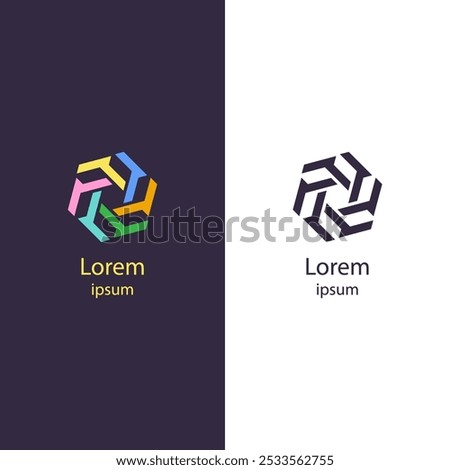 Hexagonal logo with interwoven colorful segments forming a seamless geometric pattern, symbolizing unity, creativity, and innovation. Letter L.