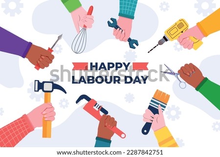 illustration of Labor Day concept with hands holding tools. Poster for labour day, International worker's day. 1st May, Cartoon illustration.