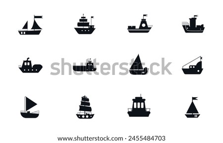 set of twelve bold simplified icons representing various types of ships and maritime vessels. Ideal for infographics, websites, educational material, and digital navigation interfaces