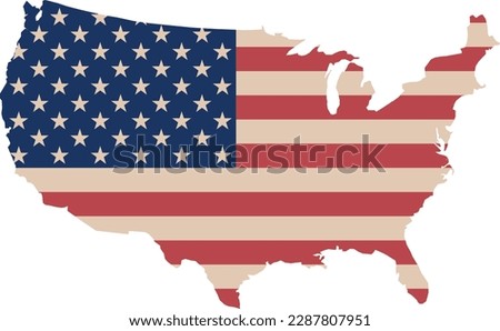 Vector image of an outline map of the United States of America with USA flag enclosed within