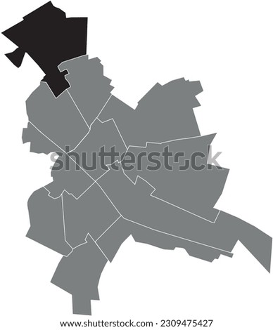 Black flat blank highlighted location map of the LA NEUVILLETTE - TROIS-FONTAINES QUARTER inside gray administrative map of REIMS, France