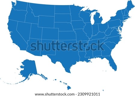 BLUE CMYK color detailed flat map of the UNITED STATES OF AMERICA on transparent background with white federal states borders